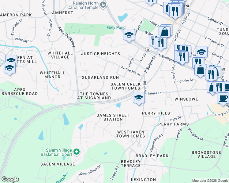 map of restaurants, bars, coffee shops, grocery stores, and more near 740 South Salem Street in Apex