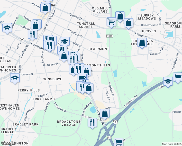 map of restaurants, bars, coffee shops, grocery stores, and more near 712 Treviso Lane in Apex