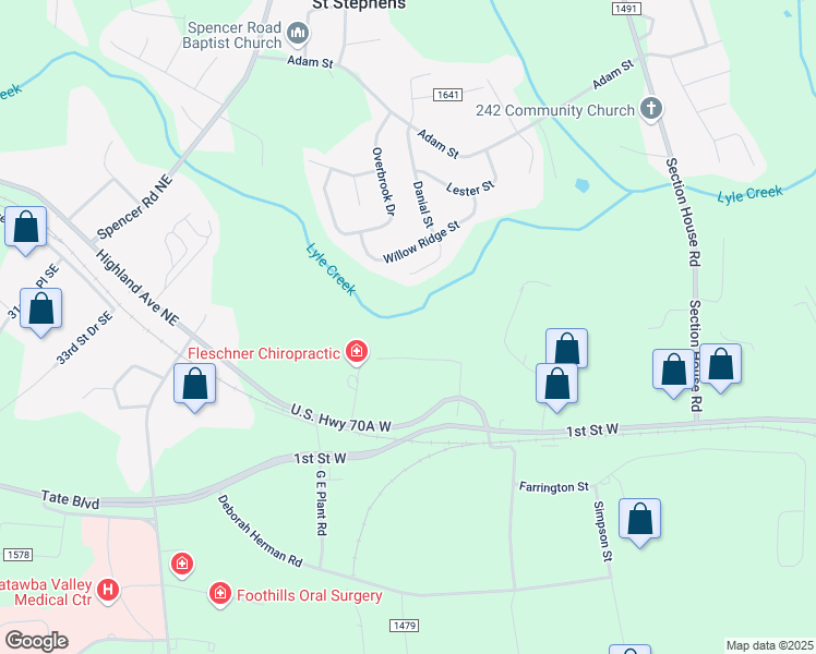 map of restaurants, bars, coffee shops, grocery stores, and more near 127 Sigmon Drive Northwest in Hickory