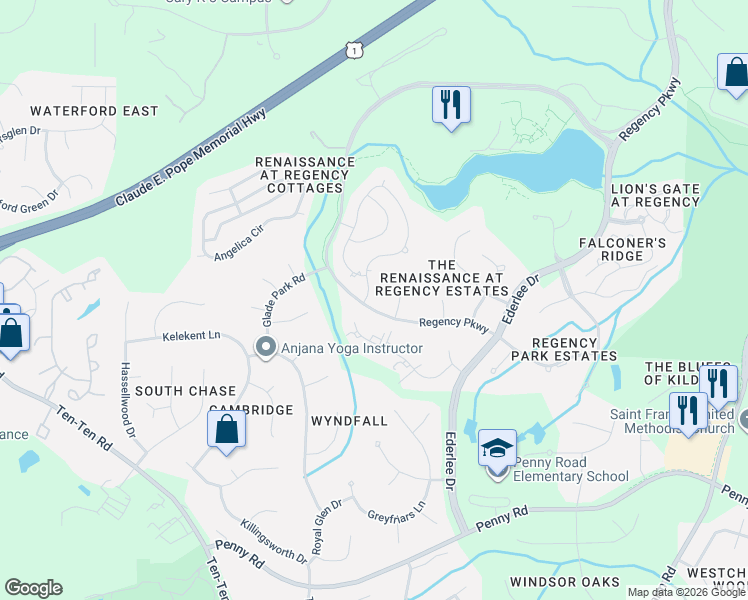map of restaurants, bars, coffee shops, grocery stores, and more near 102 Michelangelo Way in Cary