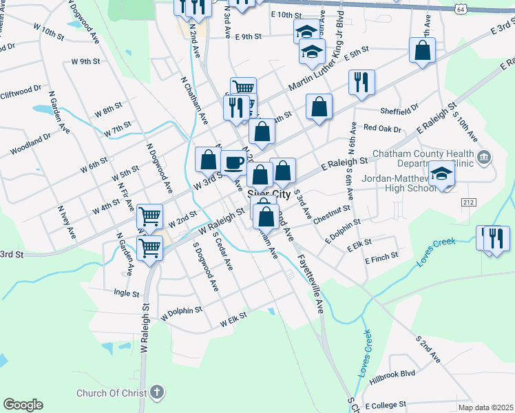 map of restaurants, bars, coffee shops, grocery stores, and more near 110 East Raleigh Street in Siler City