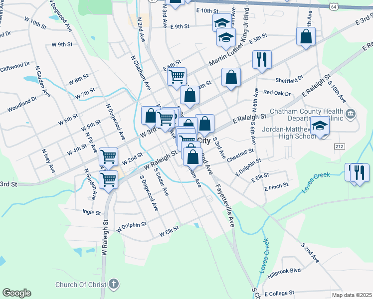 map of restaurants, bars, coffee shops, grocery stores, and more near 110 East Raleigh Street in Siler City