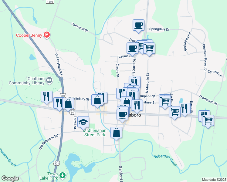 map of restaurants, bars, coffee shops, grocery stores, and more near 1201 Hanks Street in Pittsboro