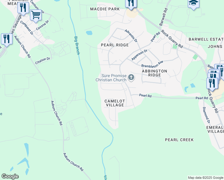 map of restaurants, bars, coffee shops, grocery stores, and more near Queen Pierrette Street in Raleigh