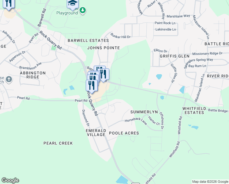 map of restaurants, bars, coffee shops, grocery stores, and more near 6420 Granite Quarry Drive in Raleigh