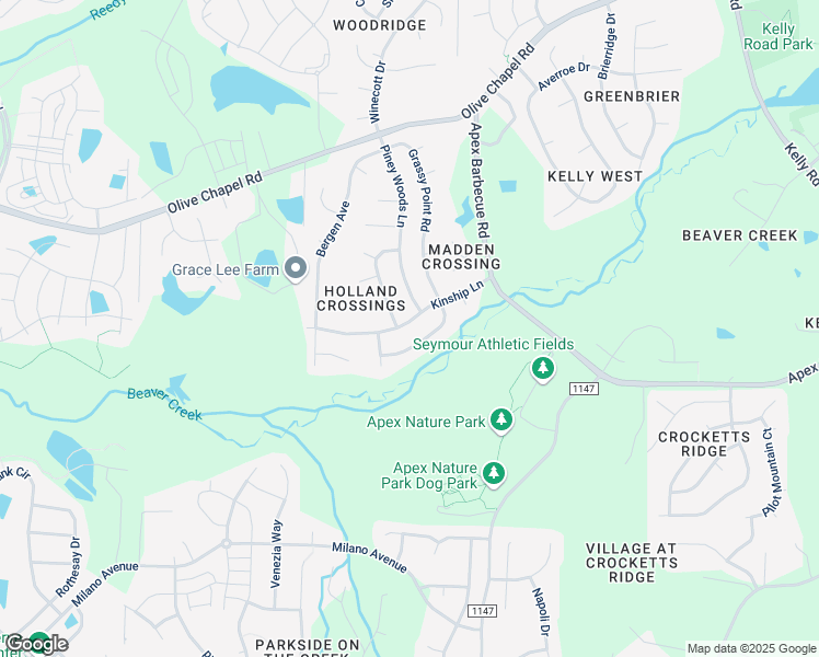 map of restaurants, bars, coffee shops, grocery stores, and more near 404 Kinship Lane in Apex