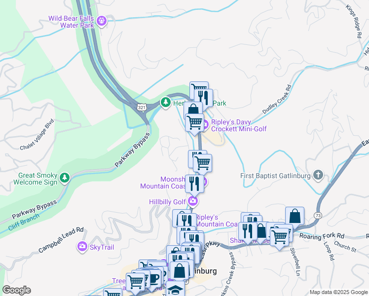 map of restaurants, bars, coffee shops, grocery stores, and more near 402 Laurel Avenue in Gatlinburg