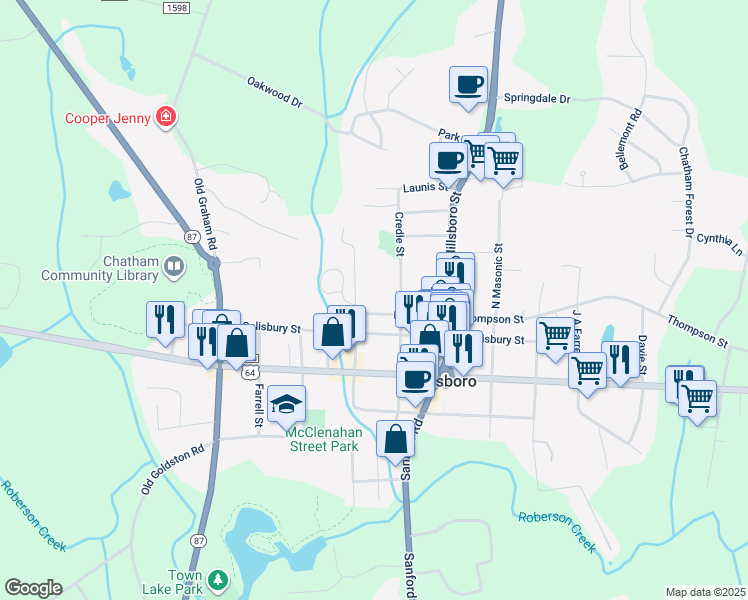 map of restaurants, bars, coffee shops, grocery stores, and more near 174 Hanks Street in Pittsboro