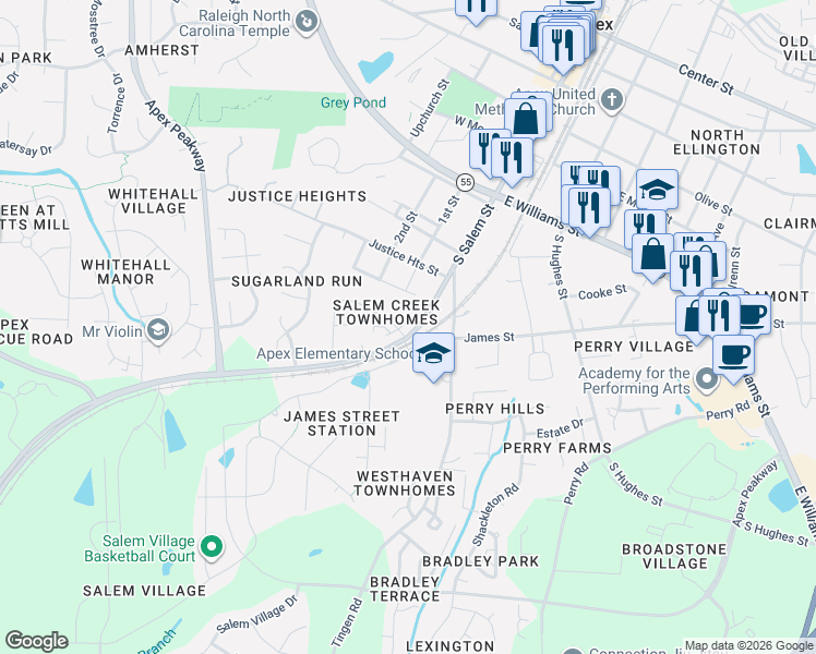 map of restaurants, bars, coffee shops, grocery stores, and more near 1407 Regents Lane in Apex