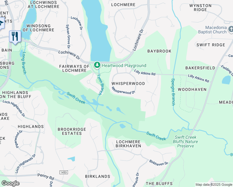 map of restaurants, bars, coffee shops, grocery stores, and more near 210 Whisperwood Drive in Cary