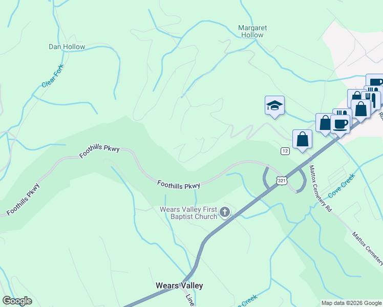 map of restaurants, bars, coffee shops, grocery stores, and more near 3449 Quail Way in Pigeon Forge