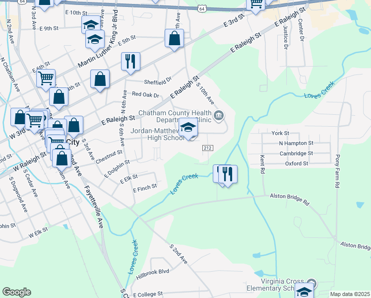 map of restaurants, bars, coffee shops, grocery stores, and more near 910 East Cardinal Street in Siler City