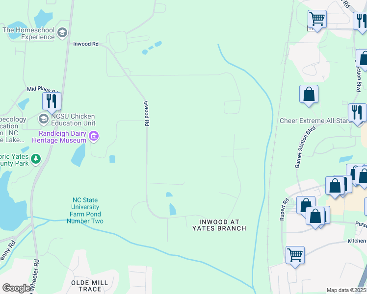 map of restaurants, bars, coffee shops, grocery stores, and more near 4327 Inwood Road in Raleigh
