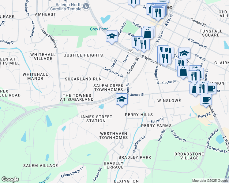 map of restaurants, bars, coffee shops, grocery stores, and more near 1407 Regents Lane in Apex