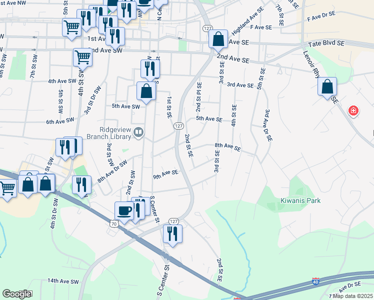 map of restaurants, bars, coffee shops, grocery stores, and more near 834 2nd Street Southeast in Hickory