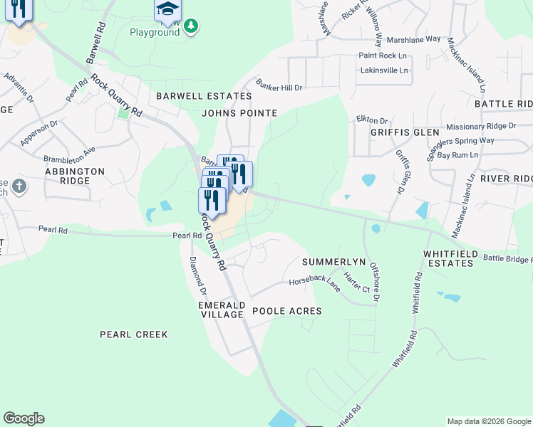 map of restaurants, bars, coffee shops, grocery stores, and more near 6420 Granite Quarry Drive in Raleigh
