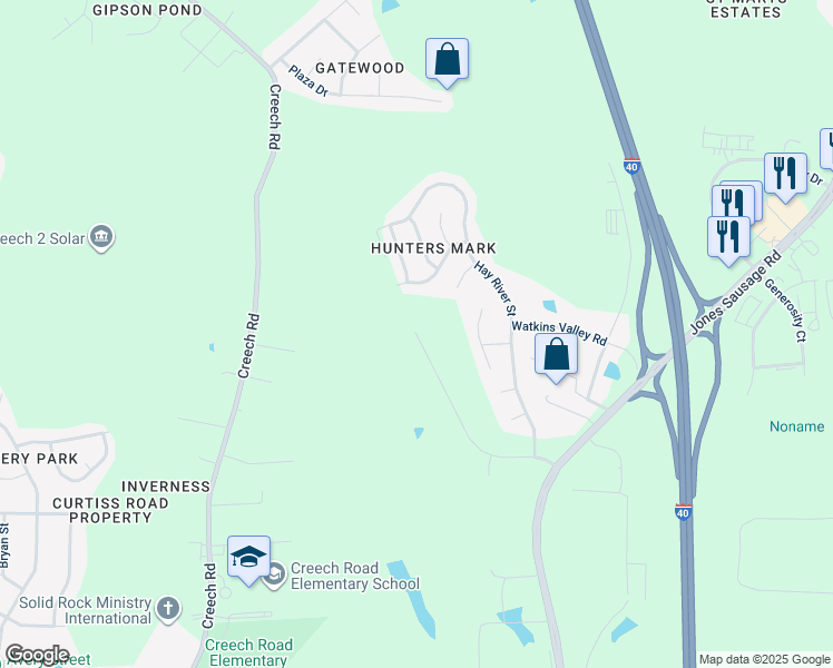 map of restaurants, bars, coffee shops, grocery stores, and more near 4406 Wilmington Road in Garner