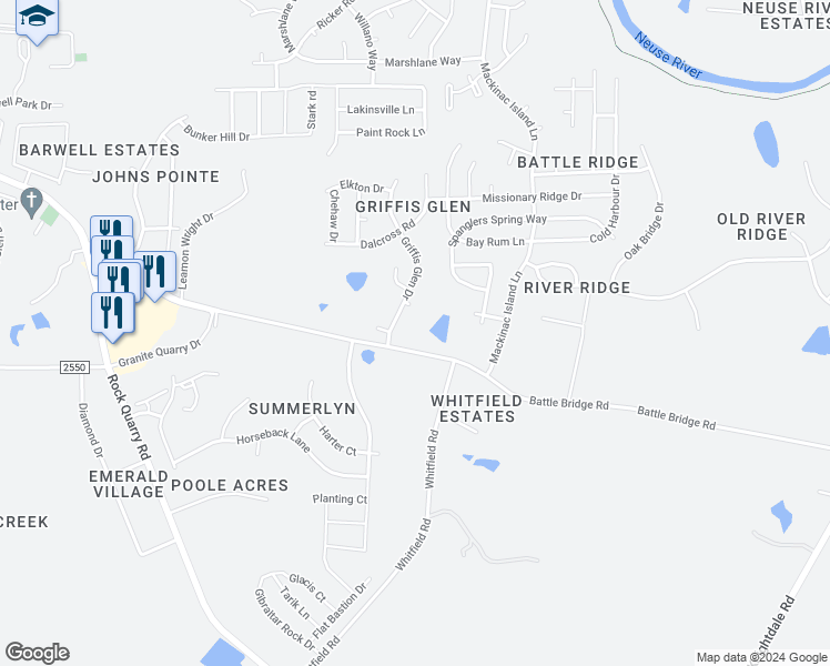 map of restaurants, bars, coffee shops, grocery stores, and more near 6909 Battle Bridge Road in Raleigh