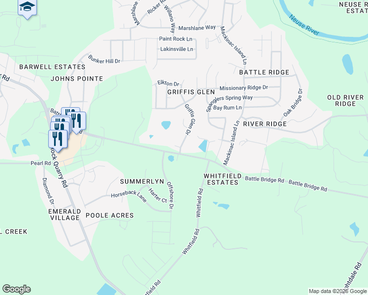 map of restaurants, bars, coffee shops, grocery stores, and more near 6909 Battle Bridge Road in Raleigh