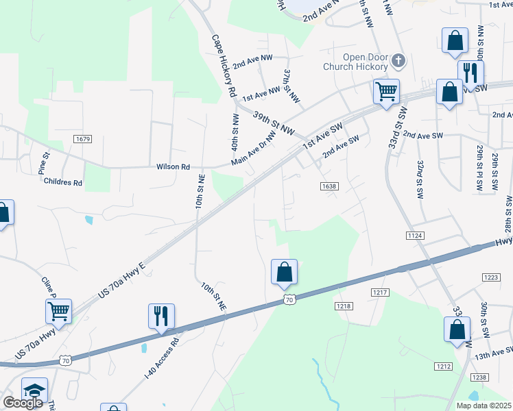 map of restaurants, bars, coffee shops, grocery stores, and more near 200 11th Street North East in Hildebran