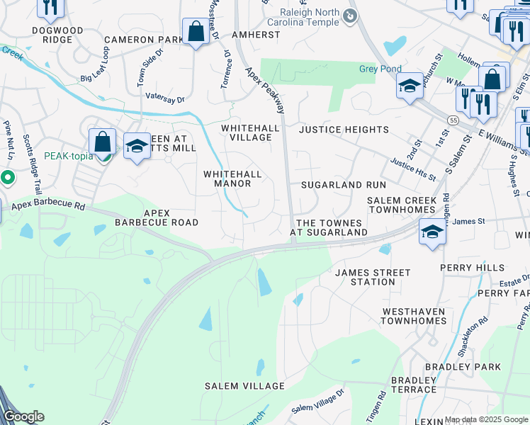 map of restaurants, bars, coffee shops, grocery stores, and more near 1015 Applethorn Drive in Apex