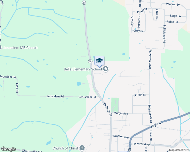 map of restaurants, bars, coffee shops, grocery stores, and more near 4565 Tennessee 88 in Bells