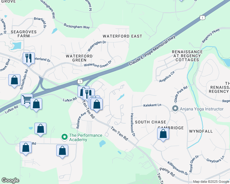 map of restaurants, bars, coffee shops, grocery stores, and more near 4113 Mandavilla Way in Apex