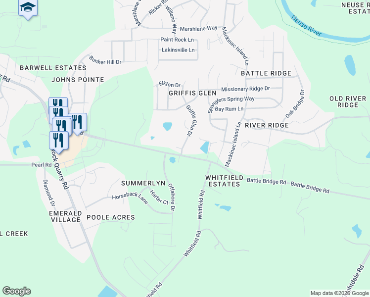 map of restaurants, bars, coffee shops, grocery stores, and more near 6909 Battle Bridge Road in Raleigh