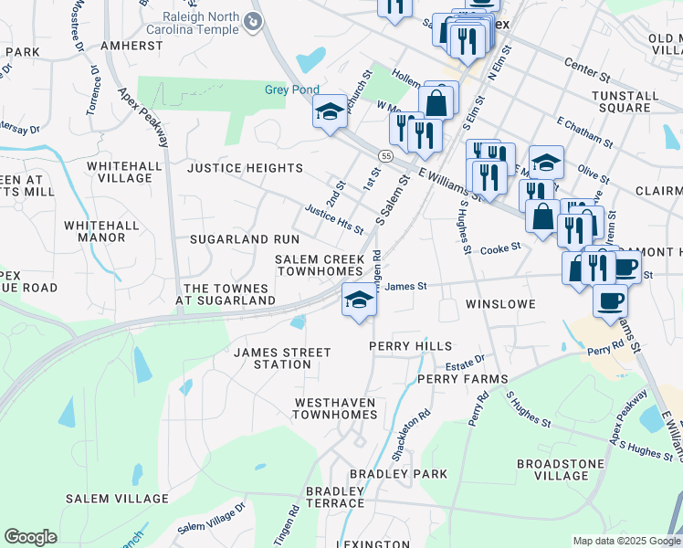 map of restaurants, bars, coffee shops, grocery stores, and more near 1407 Regents Lane in Apex