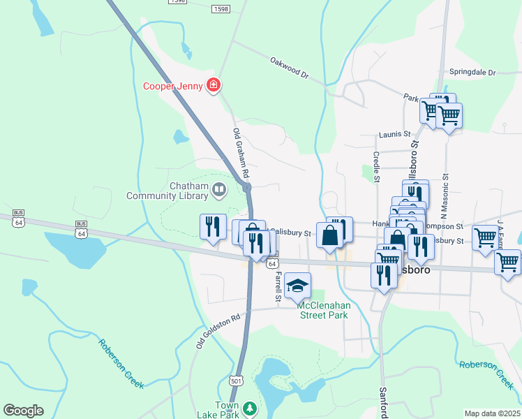 map of restaurants, bars, coffee shops, grocery stores, and more near 170 North Carolina 87 in Pittsboro