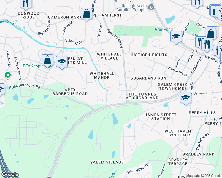 map of restaurants, bars, coffee shops, grocery stores, and more near 1004 Daresbury Drive in Apex