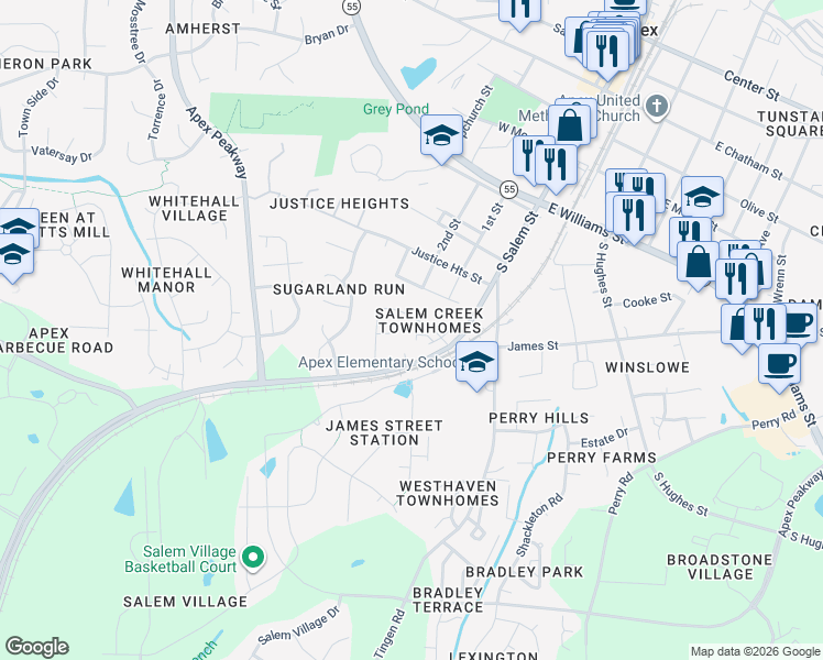 map of restaurants, bars, coffee shops, grocery stores, and more near 740 South Salem Street in Apex