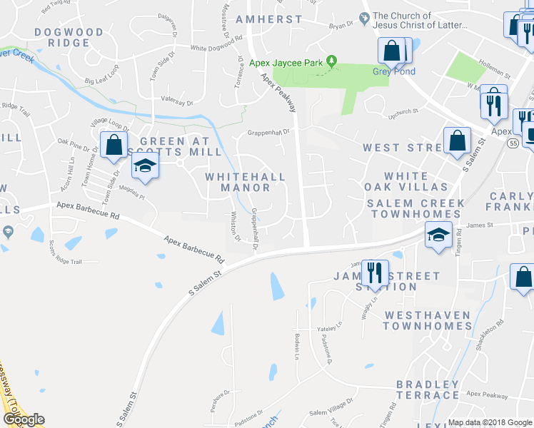 map of restaurants, bars, coffee shops, grocery stores, and more near 1004 Daresbury Drive in Apex