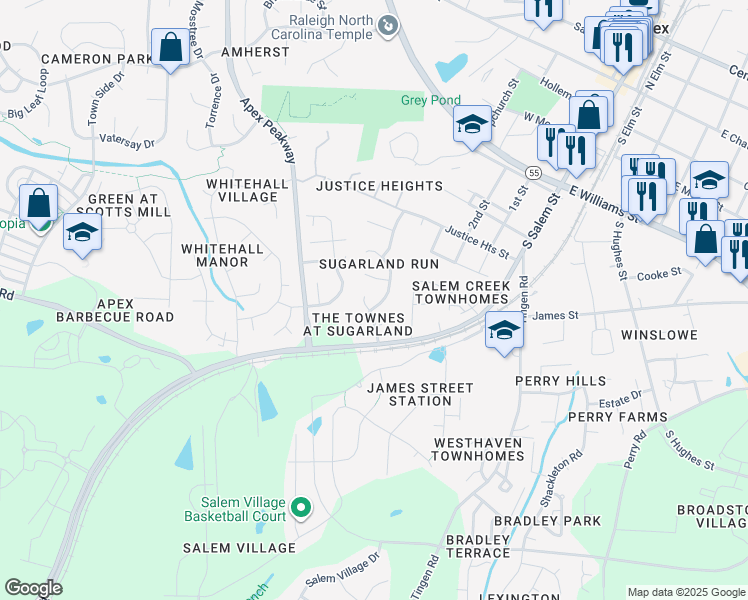 map of restaurants, bars, coffee shops, grocery stores, and more near 103 Licorice Drive in Apex