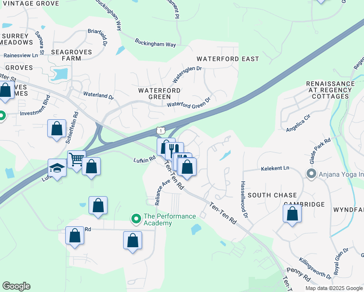 map of restaurants, bars, coffee shops, grocery stores, and more near 2021 Ten-Ten Road in Apex