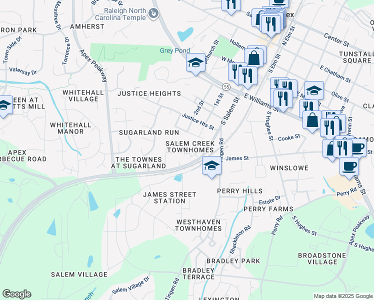 map of restaurants, bars, coffee shops, grocery stores, and more near 1407 Regents Lane in Apex