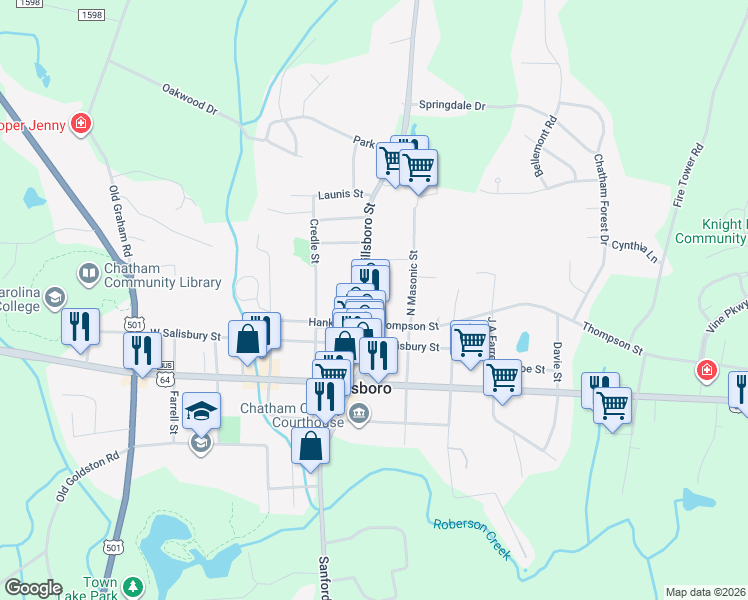 map of restaurants, bars, coffee shops, grocery stores, and more near 206 Hillsboro Street in Pittsboro