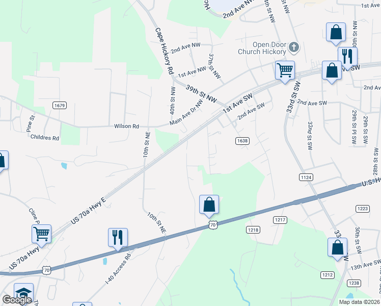map of restaurants, bars, coffee shops, grocery stores, and more near 200 11th Street North East in Hildebran