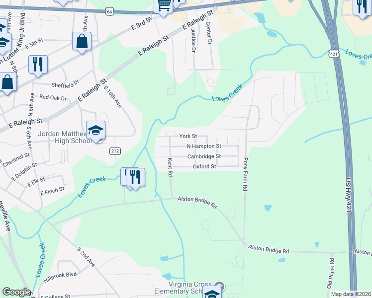 map of restaurants, bars, coffee shops, grocery stores, and more near 1112 Cambridge Street in Siler City