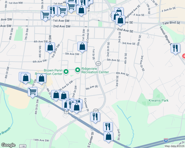 map of restaurants, bars, coffee shops, grocery stores, and more near 34 8th Avenue Drive Southeast in Hickory