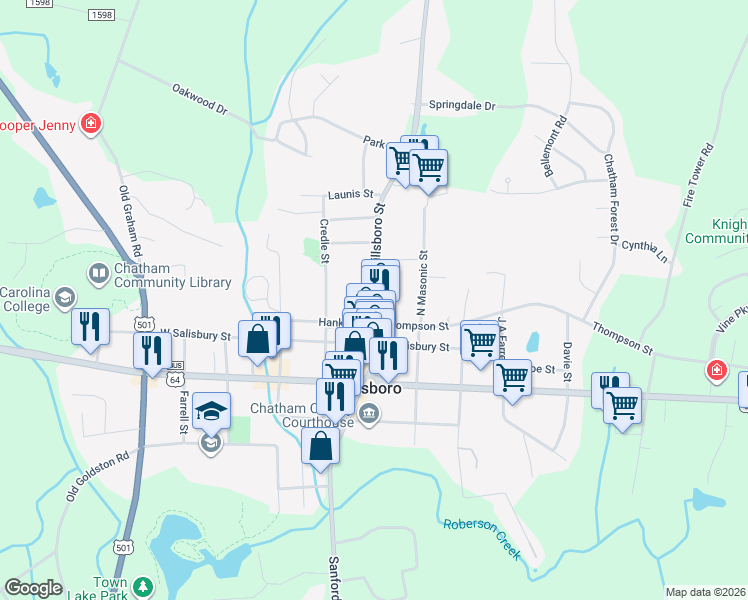 map of restaurants, bars, coffee shops, grocery stores, and more near 206 Hillsboro Street in Pittsboro