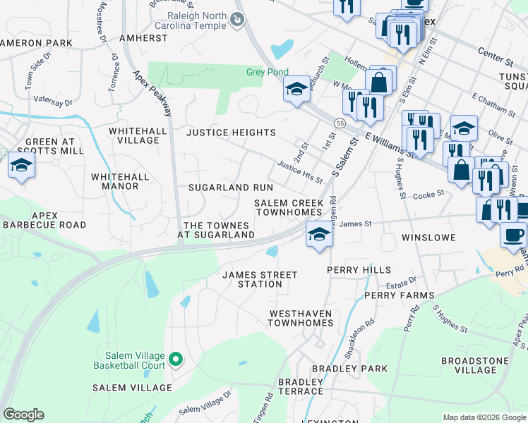 map of restaurants, bars, coffee shops, grocery stores, and more near 740 South Salem Street in Apex