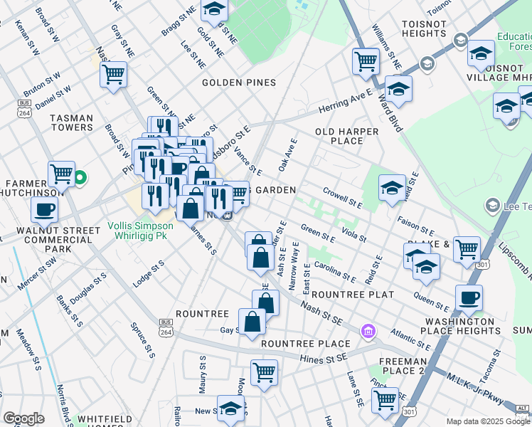 map of restaurants, bars, coffee shops, grocery stores, and more near 420 Green Street East in Wilson
