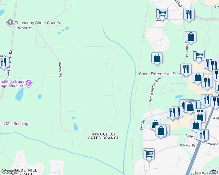 map of restaurants, bars, coffee shops, grocery stores, and more near 313 Inwood Forest Drive in Raleigh