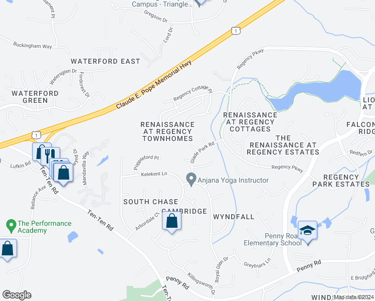 map of restaurants, bars, coffee shops, grocery stores, and more near 103 Telmew Court in Cary
