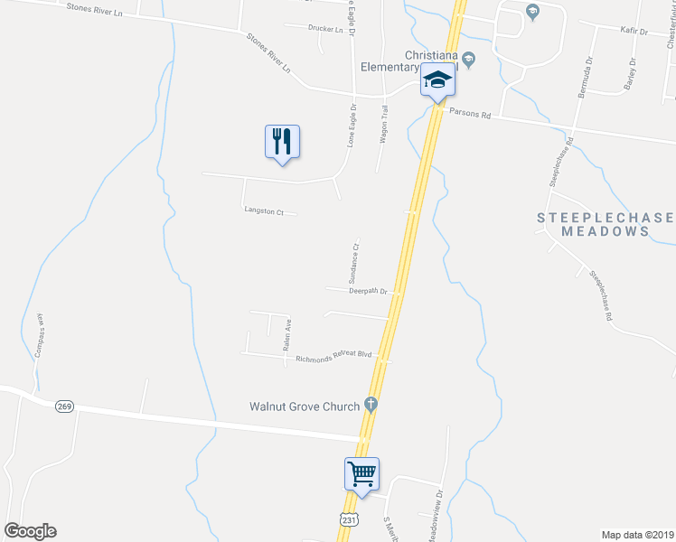 map of restaurants, bars, coffee shops, grocery stores, and more near 2505 Sundance Court in Christiana