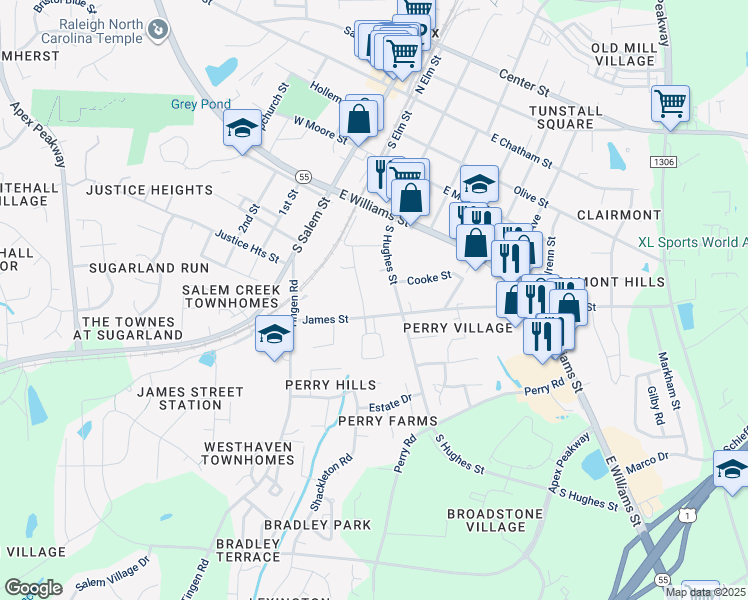 map of restaurants, bars, coffee shops, grocery stores, and more near 602 South Hughes Street in Apex