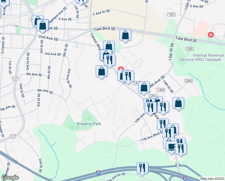 map of restaurants, bars, coffee shops, grocery stores, and more near 610 Lenoir Rhyne Boulevard Southeast in Hickory