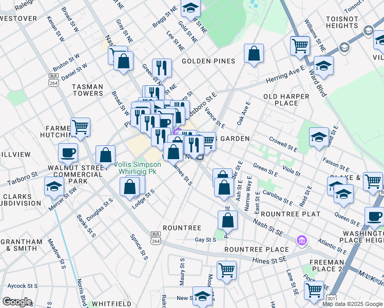 map of restaurants, bars, coffee shops, grocery stores, and more near 333 Nash Street Southeast in Wilson