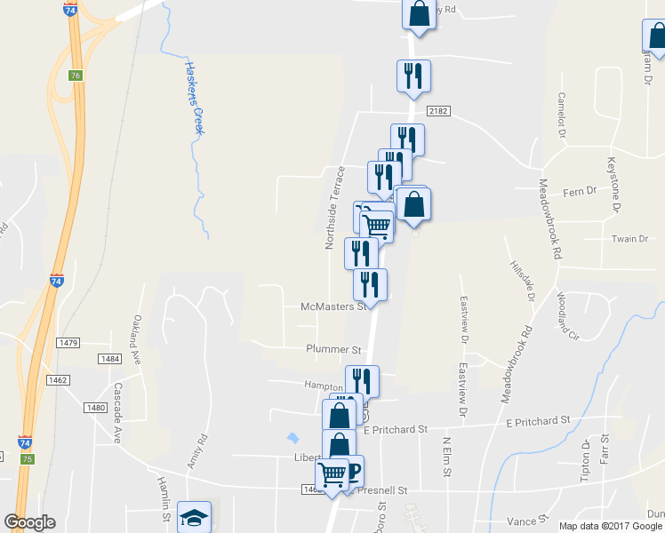 map of restaurants, bars, coffee shops, grocery stores, and more near 1120 Northside Terrace in Asheboro